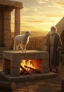 An old man looking at a lamb on a stone altar with fire at sunset Royalty Free Stock Photo