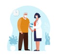 An old man makes a vaccination in a clinic, a doctor with a syringe, conceptual illustration for health immunity. Adult