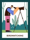 Old man observing birds, birdwatching poster - flat vector illustration.