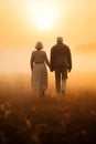 old man and old woman holding hands. back view, rear view, full view.