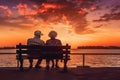 Old Man and Old Woman sitting together on a bench still in love after so many years, watching the Sunset (Generative AI)