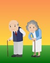 Old man and old woman with walking stick standing. Royalty Free Stock Photo