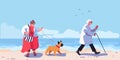 Old man and overweight woman in red with dog on the beach. Beach scene on sea vacation resort. Royalty Free Stock Photo