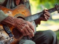 Old man playing acoustic guitar in the garden, selective focus on hand Royalty Free Stock Photo