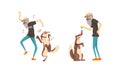 Old Man Playing and Dancing with his Dog Set, Lonely Senior Man Having Good Time with his Pet Animal Cartoon Vector