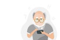 Old man is playing mobile phone, digital technology, people lifestyle, media addiction, cartoon characters flat design, vector