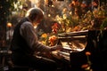 An old man plays the piano in a room with bright electric lighting in a romantic setting