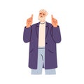 Old man pointing, indicating, looking up. Happy excited senior male character showing something with hand gesture