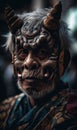 Old man. Portrait of Japanese style warrior in the fearsome mask. Beautiful illustration picture. Generative AI