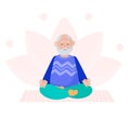Old Man practice yoga. Elderly is sitting with cross leg and meditate. Activity lifestyle of grandfather. Healthy sports