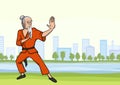 Old man practicing kung fu or wushu in city park. Martial arts master with a beard. Vector illustration. Royalty Free Stock Photo