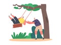 Old Man Pushing Elderly Woman Sitting on Wooden Teeterboard Hanging on Tree. Aged Male and Female Characters Fun