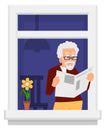 Old man read newspaper. Window exterior view Royalty Free Stock Photo