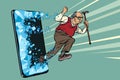 Old man retired grandfather Phone gadget smartphone. Online Internet application service program