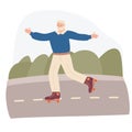 old man rollerblading in the park. Active old man. Extreme city sport, healthy lifestyle. Stock vector illustration in flat style