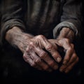Old man's hands with lots of wrinkles on a dark background.