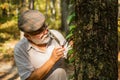 Old man scientist. Botanist examine plants. Bearded grandfather in forest. Curiosity to botany. Picky detective in