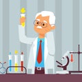 Old man scientist in lab, vector illustration. Grey haired professor doing laboratory research. Chemistry teacher