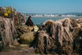 The old man and the sea. Old man surrounded by fishing nets. Royalty Free Stock Photo