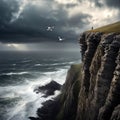 Old man and seagulls on ocean cliff