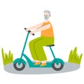 Old man on seat of electric scooter. Modern grandfather with eco-friendly moped. Rider sitting on chair of trendy urban