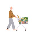 Old man senior cartoon buyer character pushing shopping cart with organic healthy grocery food