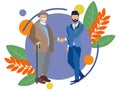 An old man shakes hands with a young guy. Old age and youth. In minimalist style. Flat isometric vector