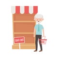 Old man shopping with basket shelf and sold out banner vector design