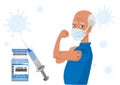 Old Man Showing the coronavirus vaccination arm, distributing the vaccine for the general population. flat style cartoon