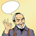 Old man shows OK hand sign. Vector illustration in retro comic pop art style. Design elements and stickers Royalty Free Stock Photo