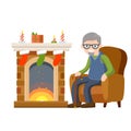 Old man sits in chair by fireplace. Grandpa in nice cozy house