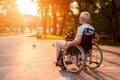 An old man is sitting in a wheelchair and watching the sunset in the park