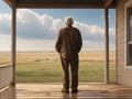 old man standing on house porch looking at vast plains landscape view