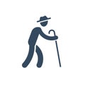 Old man with stick and hat walking, aged people symbol