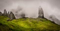 The Old Man of Storr on the Storr, covered in mist or clouds