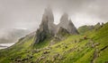 The Old Man of Storr on the Storr, covered in mist or clouds