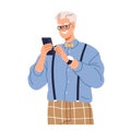 Old man using mobile cell phone. Senior elderly character holding smartphone in hands. Aged cellphone user, happy person