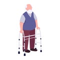 Old man using walker flat color vector faceless character