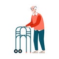 Old man using wheeled walker - happy cartoon senior person Royalty Free Stock Photo