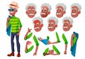 Old Man Vector. Senior Person. Black. Afro American. Aged, Elderly People. Adult People. Casual. Face Emotions, Various