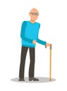 Old Man with Walking Cane Flat Vector Illustration