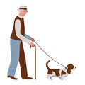 Old Man Walking a dog. Senior with Basset Hound on Leash. Elderly in Hat with Cane. Pensioners Activity. Vector illustration in