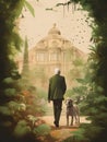 Old man walking with his dog in the garden. Vintage style. Royalty Free Stock Photo