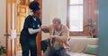 Old man, walking stick or nurse in nursing home to help in retirement for wellness or medical support. Parkinson, black Royalty Free Stock Photo