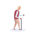 Old man walking stick using smartphone elderly grandfather walk isolated cartoon character full length flat Royalty Free Stock Photo