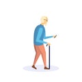 Old man walking stick using smartphone elderly grandfather walk isolated cartoon character full length flat Royalty Free Stock Photo