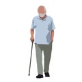 Old man walks and relies on cane