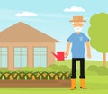 Old Man with Watering Can Doing Gardening Work Vector Illustration