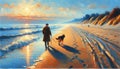 an old man wears shorts walking with his dog along the beach Royalty Free Stock Photo