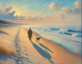 an old man wears walking with his dog along the long and serene beach Royalty Free Stock Photo